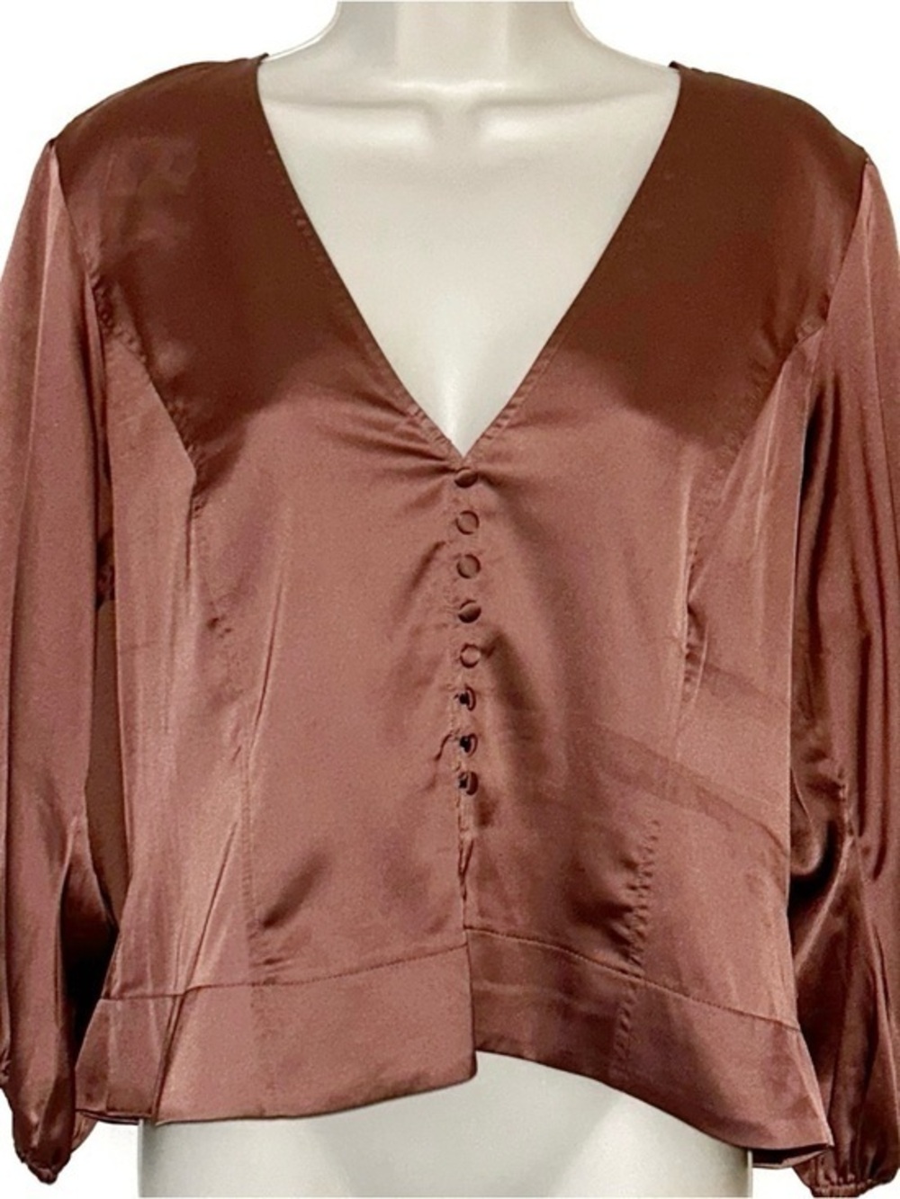 Express Satin V-Neck Button-Front Blouse in Pink